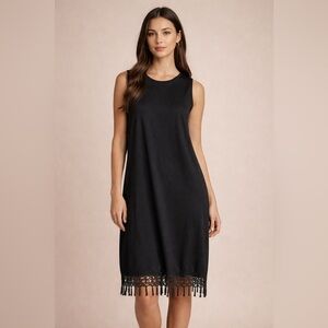 FRINGE Mud Pie Black Sleeveless Shift Dress Fringe Hem Size Medium NWT